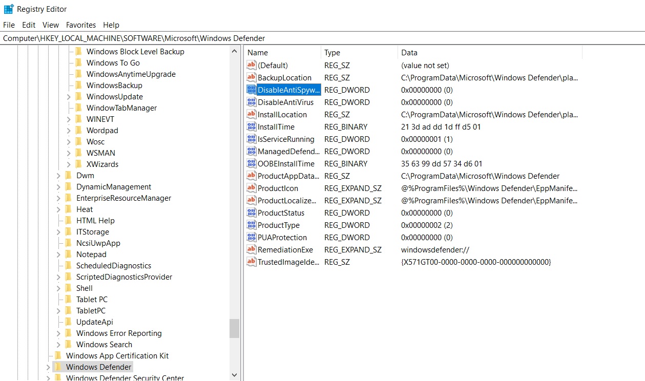 Registry editor