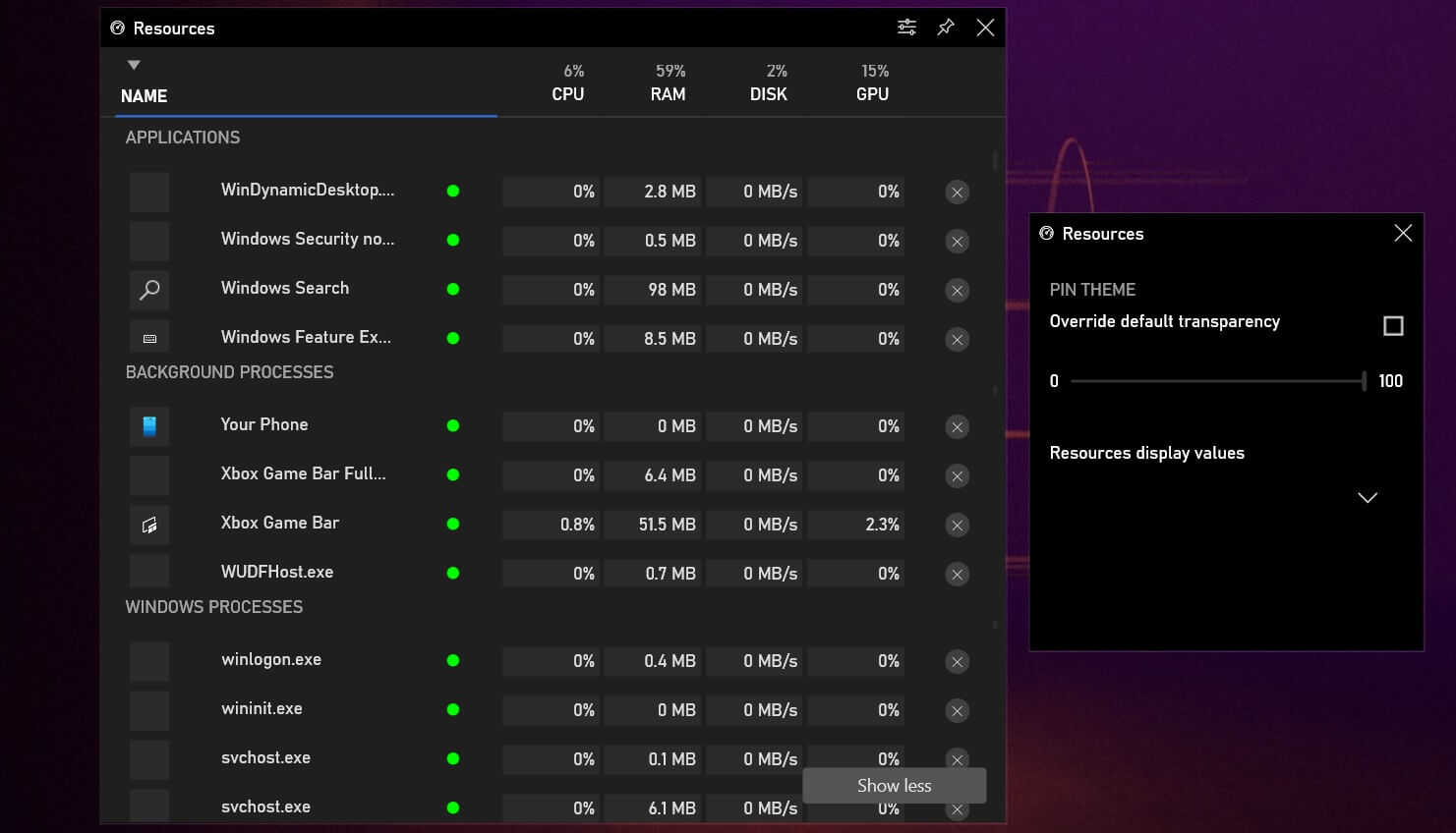 Resources Monitor widget