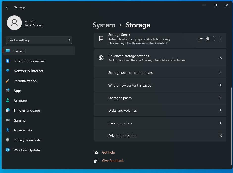 Storage Settings layout