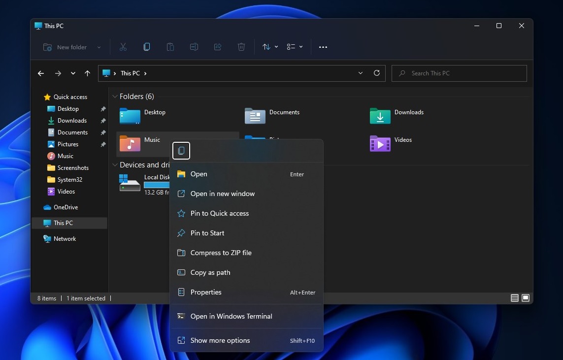 Windows 11 right click menu