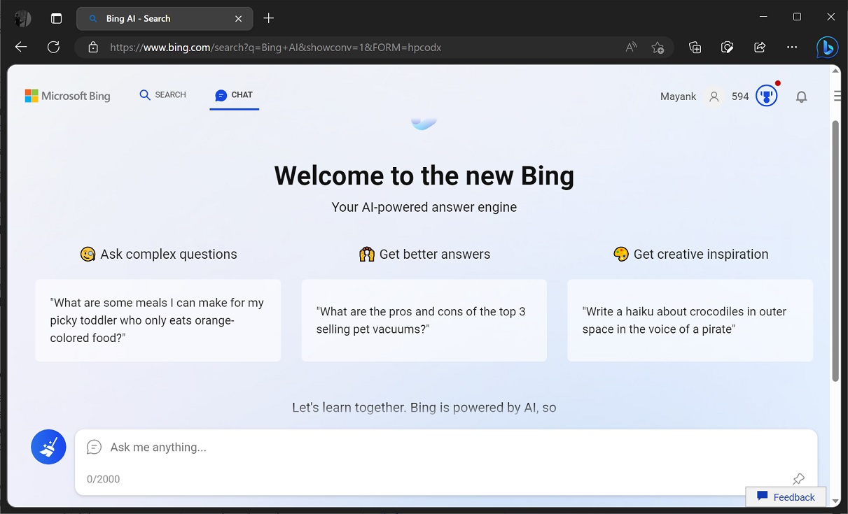 Microsoft Bing Chat UI