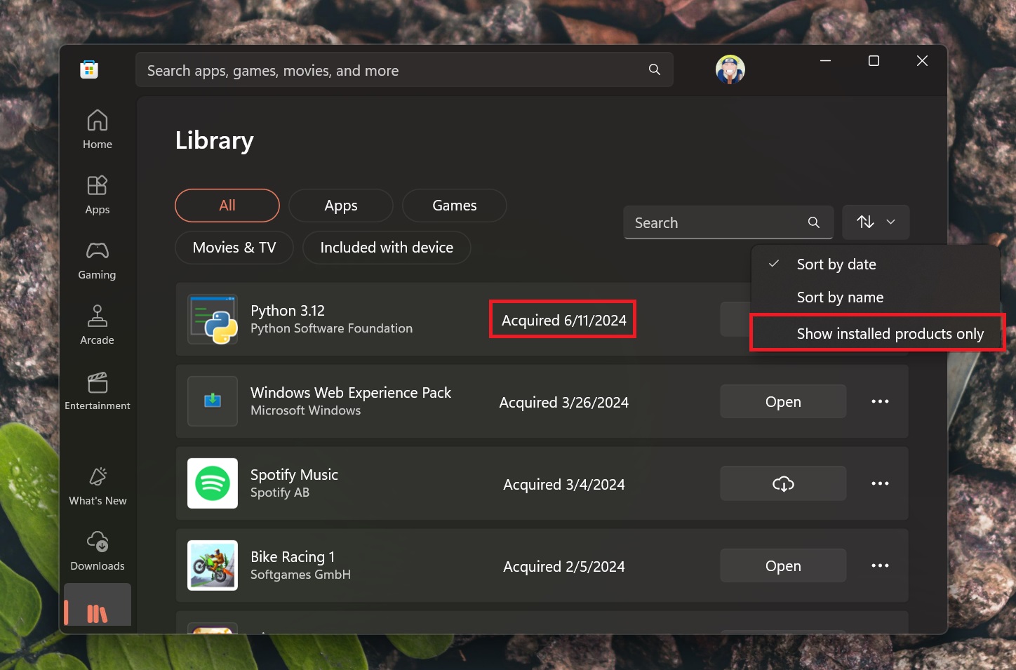 library section shows quired date and download option for apps in microsoft store