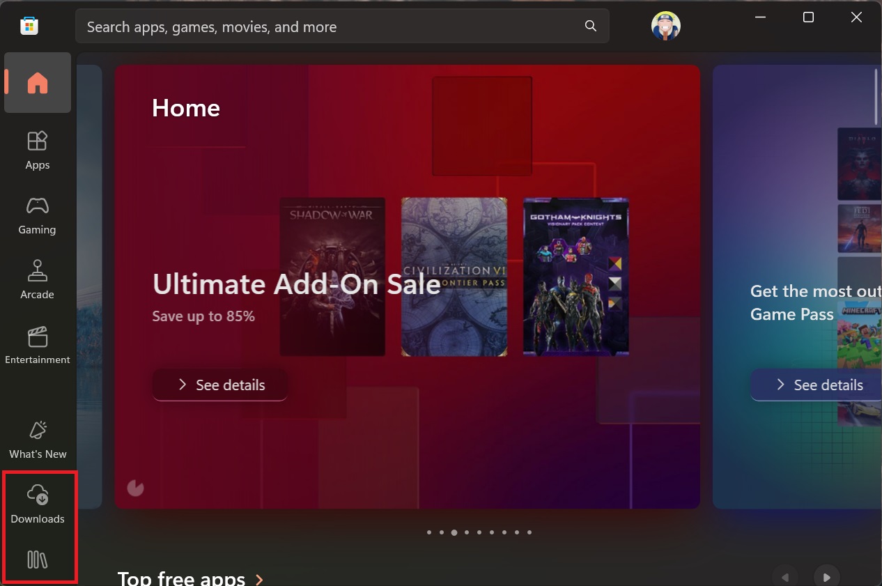 new library and downloads section in microsoft store windows 11