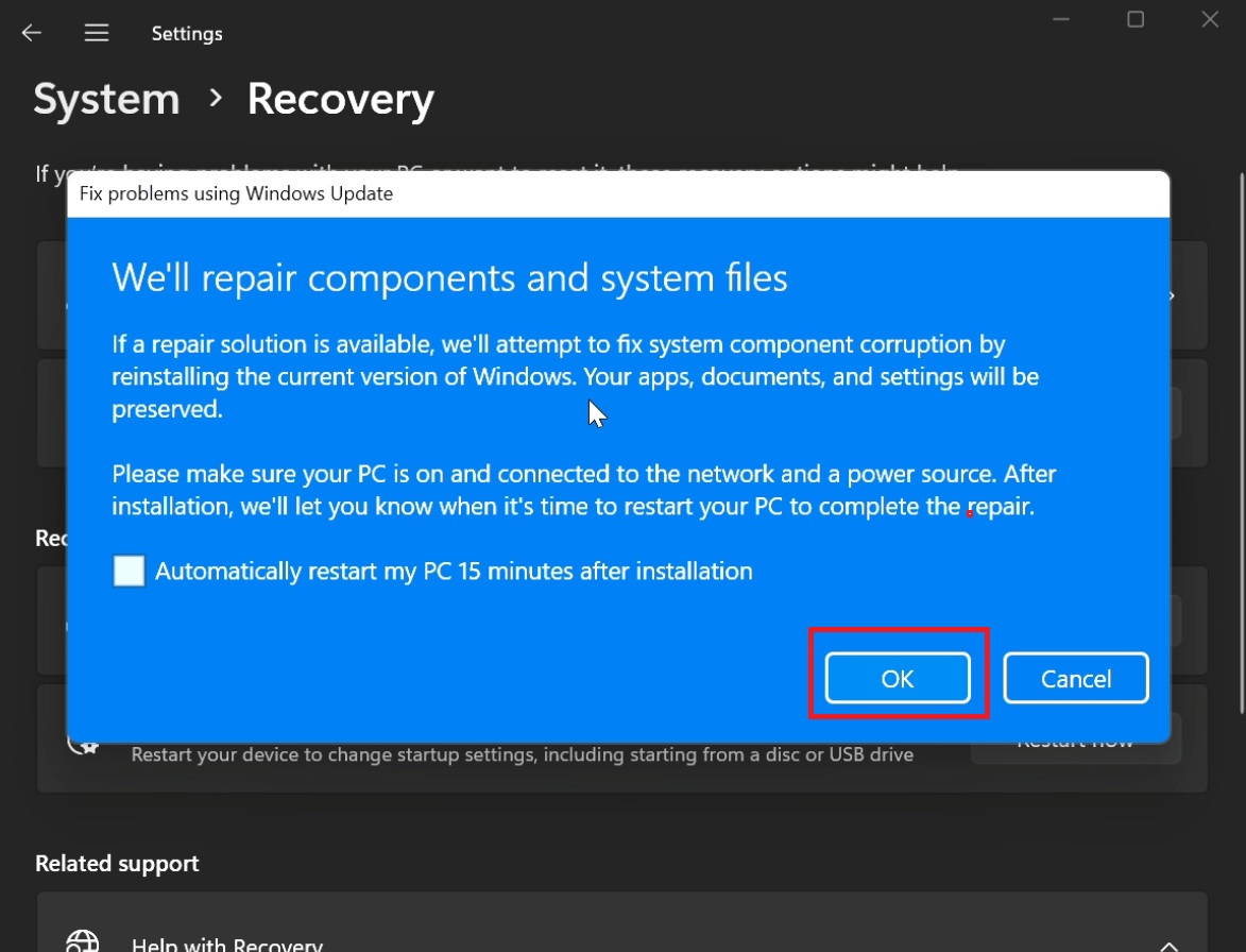 using the update recovery tool in windows 11 23h2