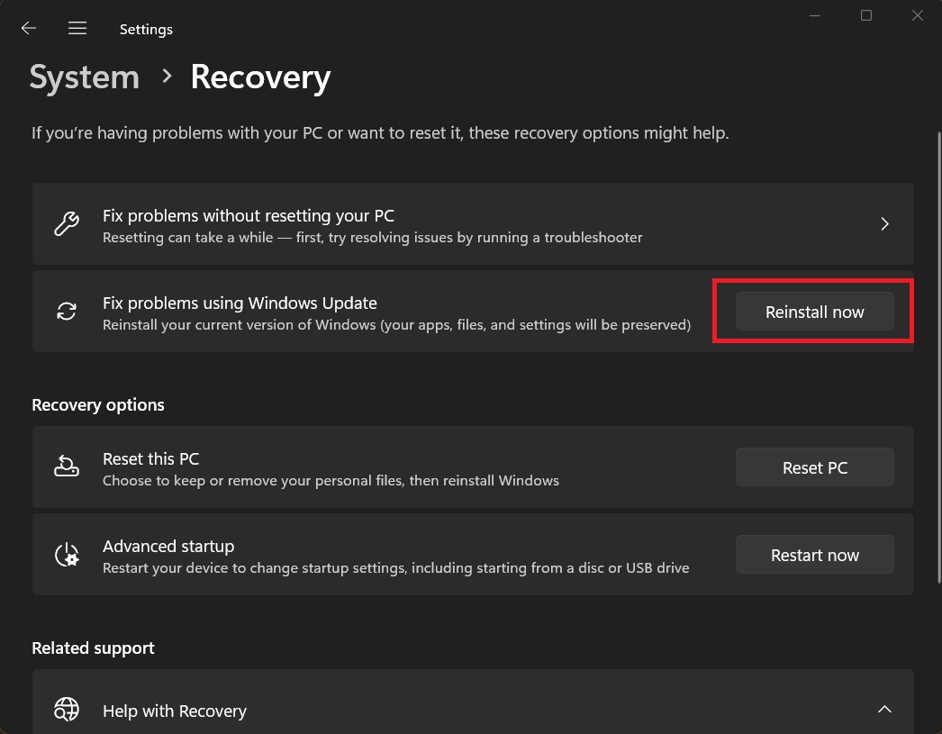 using the update recovery tool in windows 11